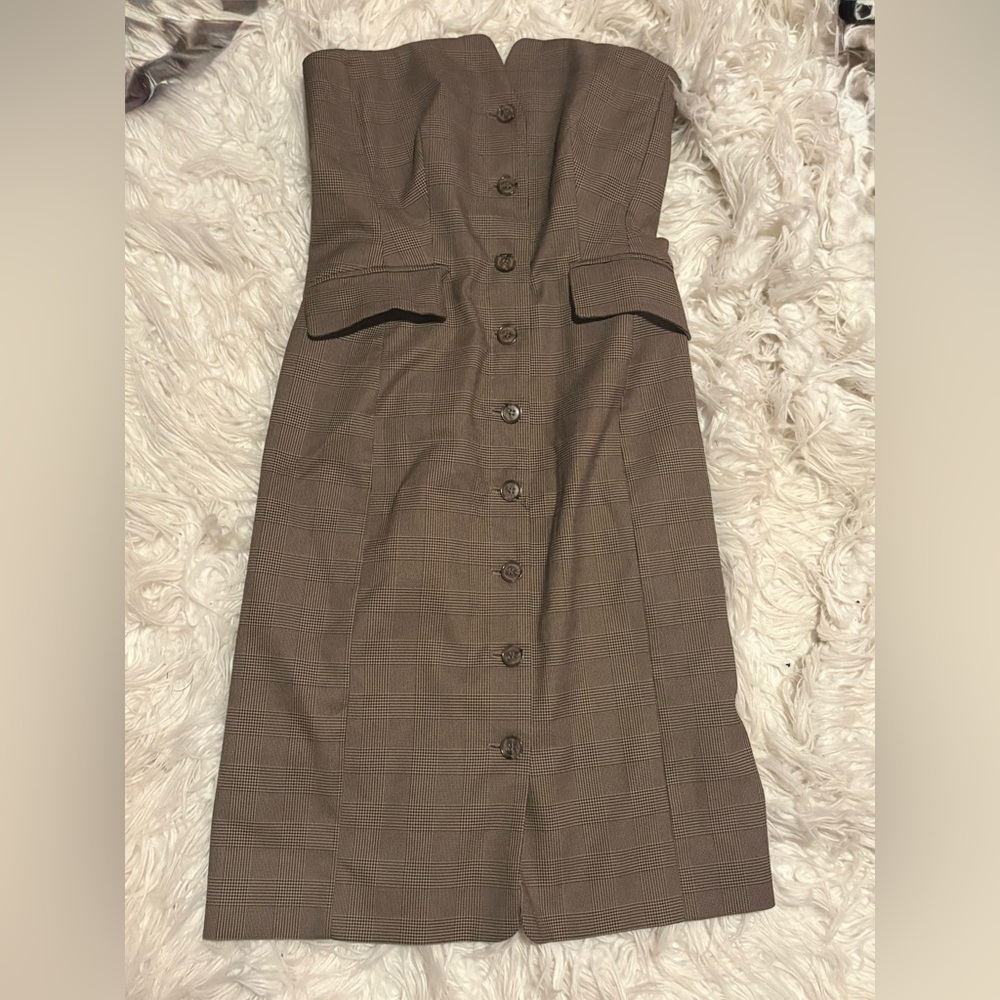 Banana Republic Strapless Plaid Midi Dress Brown Check Size 4 Career Classic